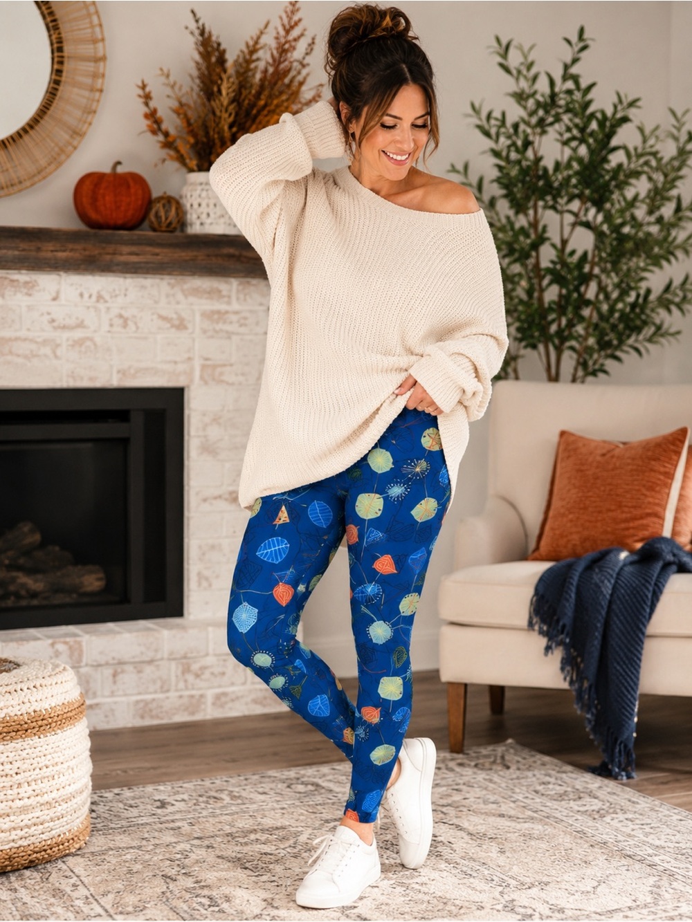 LuLaRoe TC Tall Curvy Leggings Blue Retro Abstract Botanical Print